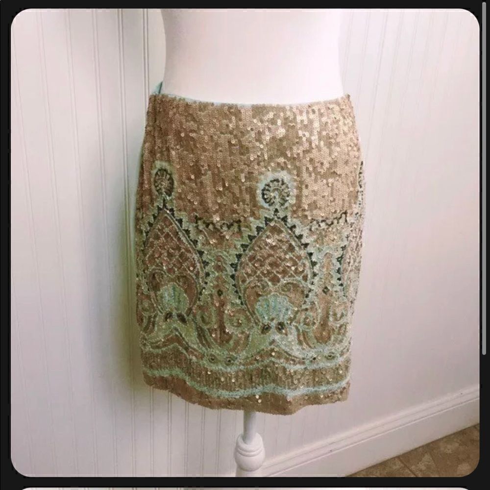 Alya Mint & Gold EUC Heavily-Beaded Mini Skirt Women's Size Medium